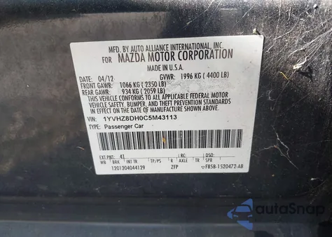 2012 Mazda Mazda6 I Touring z USA, uszkodzony, nr VIN 1YVHZ8DH0C5M43113